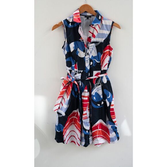 TALBOTS MIDI RED WHITE AND BLUE SAILBOAT NAUTICAL SHIRT DRESS WOMENS Petite 2P - Picture 2 of 7